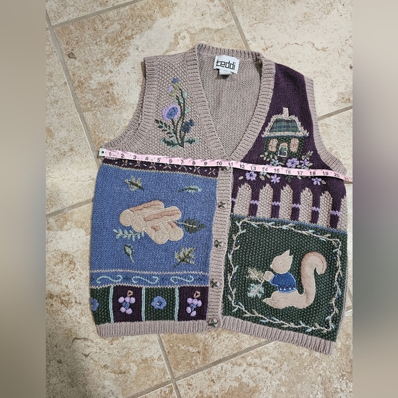 Vintage Teddi Cottagecore Sweater Vest Women Large Knit Floral Squirrel House 90 - Picture 5 of 6